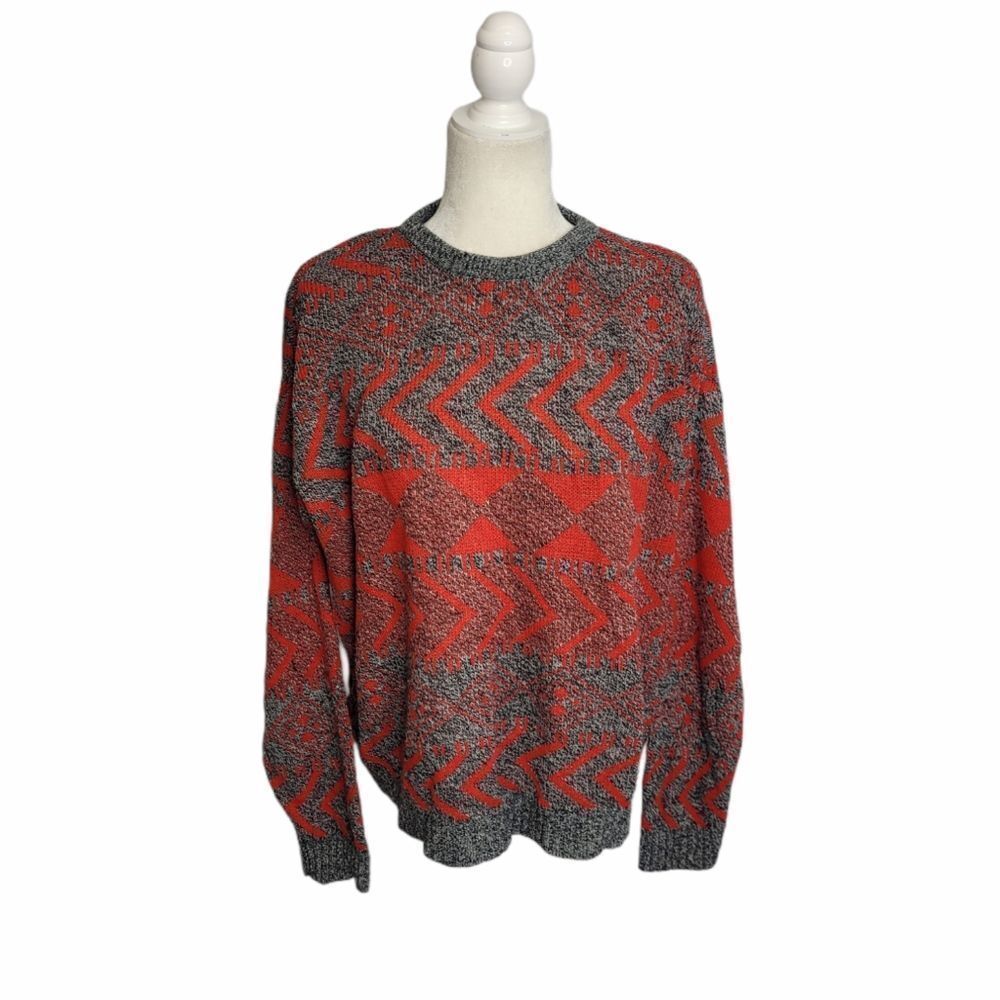 VINTAGE 90s oversized sweater red printed grandpa‎ unisex M